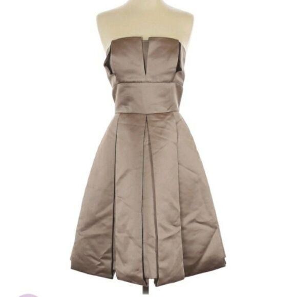 Vtg 80's Bari Jay Satin Formal Strapless Pleated Tea Length Fit & Flare Dress 10 - Picture 2 of 8